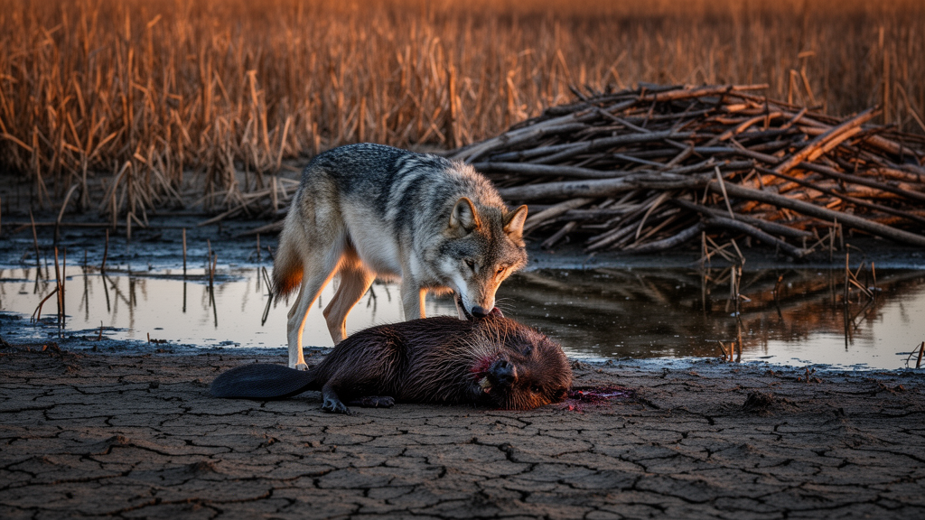 camera-traps-capture-a-wolf-killing-a-beaver-and-emptying-its-drought-hit-pond